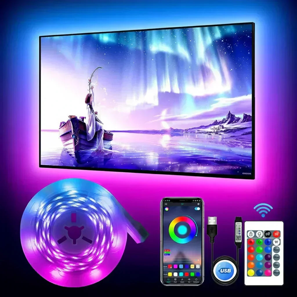 Ruban LED RGB connecté avec synchronisation musicale et télécommande, ambiance lumineuse immersive.