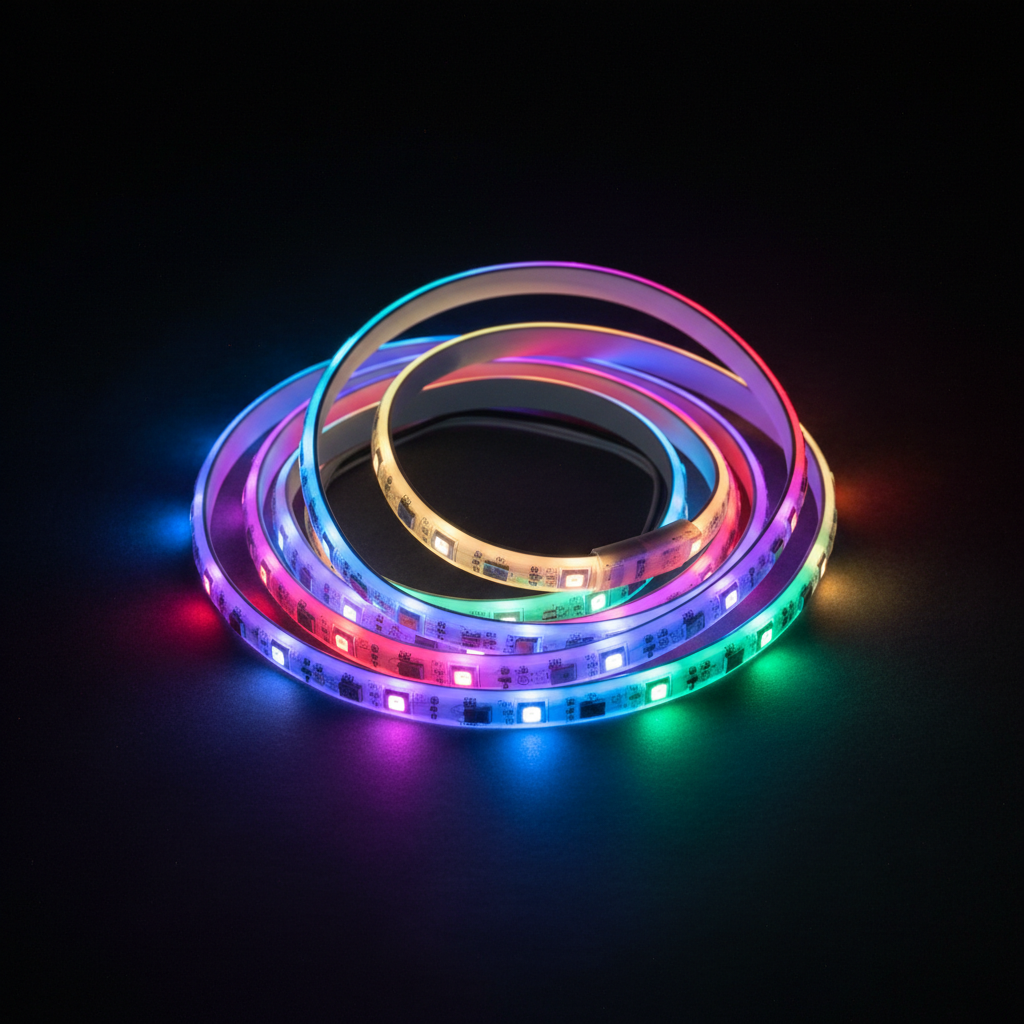 Ruban LED RGB connecté enroulé avec éclairage multicolore pour ambiance lumineuse personnalisée.